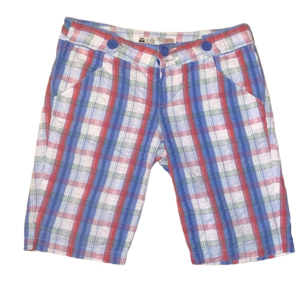 Split lightweight Red & Blue Plaid Bermuda Shorts